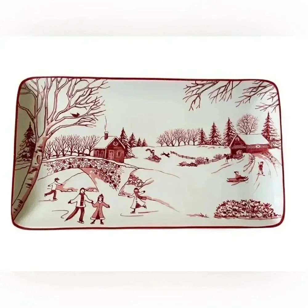 Toile De Jouy Winter Wonderland  Red Ceramic for Santa's Cookie Platter